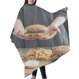 Personality  Cropped View Of Woman Holding Cheeseburger And Standig At Table With French Fries And Sauces Hair Cutting Cape