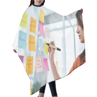 Personality  Woman Writing Notes, Brainstorming With Ideas On Glass Board And Sticky Note, Planning In Office With Focus. Creative Project, Agenda And Female Employee Working, Strategy And Storyboard With Goals. Hair Cutting Cape