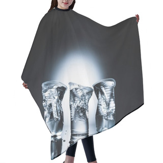 Personality  Crumpled Plastic Cups Of Water On Dark  Hair Cutting Cape