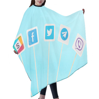 Personality  Top View Of Social Media Icons Isolated On Blue Hair Cutting Cape