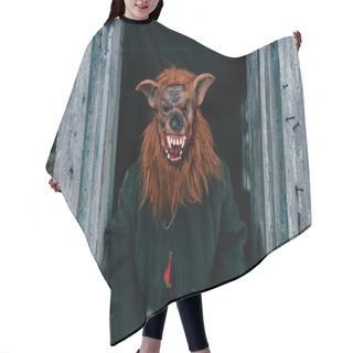 Personality  Obscured View Of Person In Creepy Mask In Wooden House Hair Cutting Cape