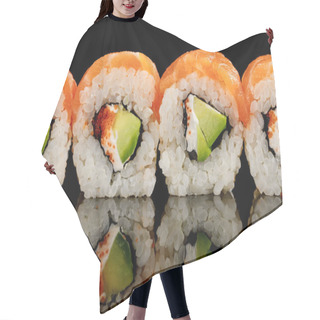Personality  Fresh Delicious Philadelphia Sushi With Avocado, Creamy Cheese, Salmon And Masago Caviar Isolated On Black With Reflection Hair Cutting Cape