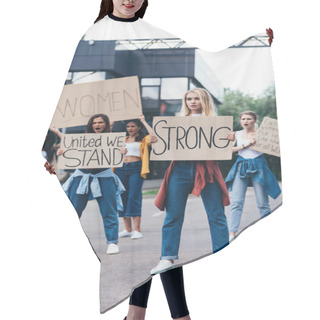 Personality  Full Length View Of Woman Holding Placard With Word Strong Near Feminists On Street Hair Cutting Cape