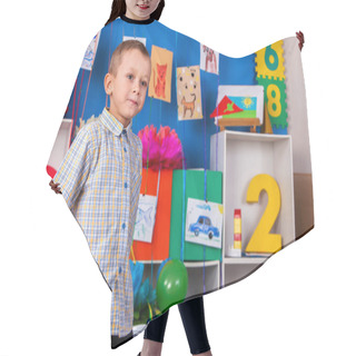 Personality  Dreams Flight Of Child In Kindergarten. Happy Boy Child Playing . Hair Cutting Cape