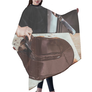 Personality  Cropped View Of Chocolatier Holding Cake Scrapers Near Melted Dark Chocolate On Marble Surface  Hair Cutting Cape