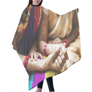 Personality  Closeup Two Indian Women Holding Hands Hair Cutting Cape