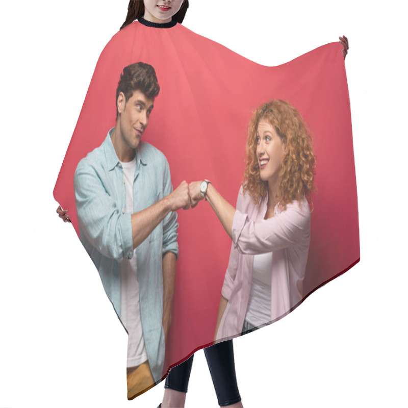 Personality  Beautiful Smiling Friends Bumping Fists, Isolated On Red Hair Cutting Cape