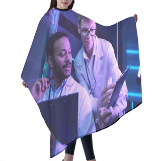 Personality  Futuristic Analysis: Hindu Scientist Examines Data In Neon-Lit Science Center Hair Cutting Cape