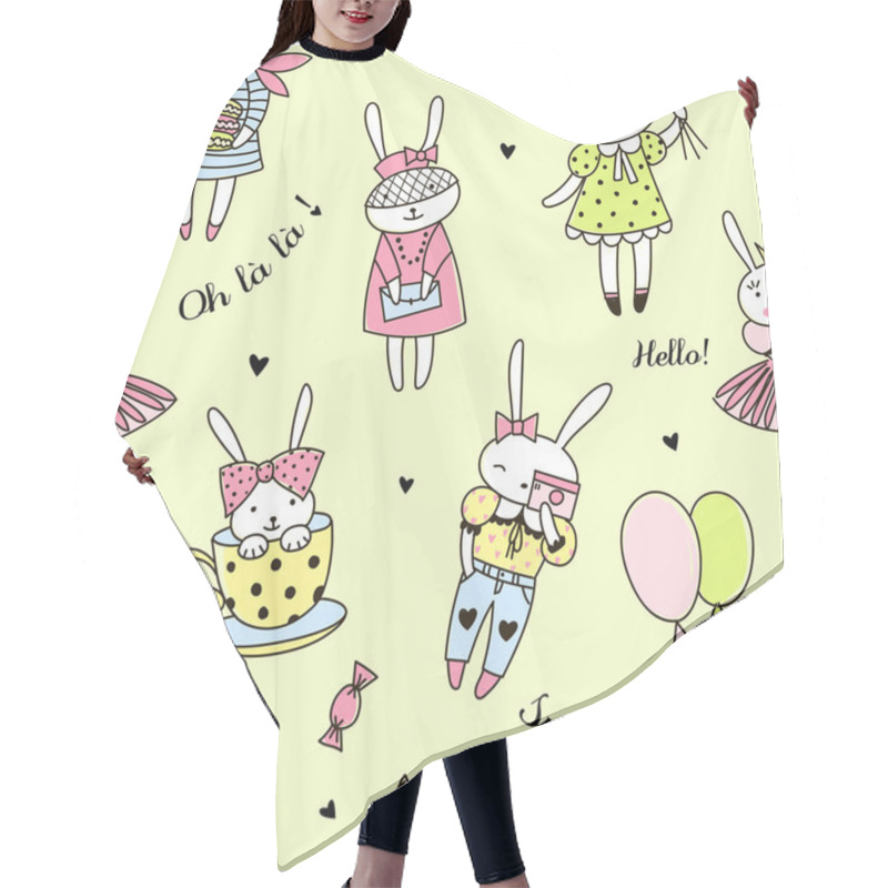 Personality  Cute Bunny Characters Seamless Pattern. Hair Cutting Cape