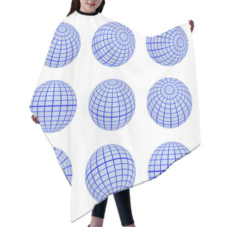 Personality  Set Spheres Globe Earth Grid From Different Sides. Horizontal And Vertical Lines, Latitude And Longitude In Blue Colors Hair Cutting Cape
