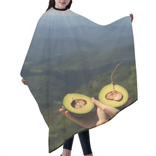 Personality  Hands Holding Avocado Halves Against Mountain Landscape Hair Cutting Cape