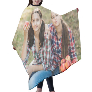 Personality  Teenage Girls Picking Ripe Organic Apples On Farm At Fall Day. Sisters With Fruit In Basket. Harvest Concept In Country. Garden, Teenager Eating Fruits At Fall Harvest. Hair Cutting Cape