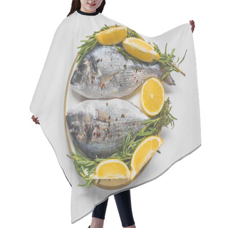 Personality  Flat Lay With Fish Decorated By Rosemary And Lemon On Plate Hair Cutting Cape