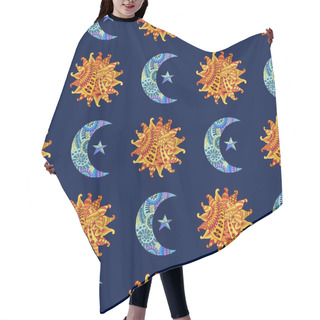 Personality  Seamless Pattern With Hand Drawn Sun, New Moon And Star. Illustration In Zentangle Style. Hair Cutting Cape