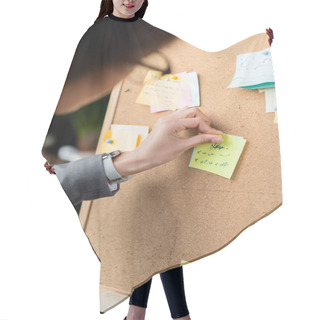 Personality  Blurred African American Businesswoman Attaching Sticky Note On Board   Hair Cutting Cape
