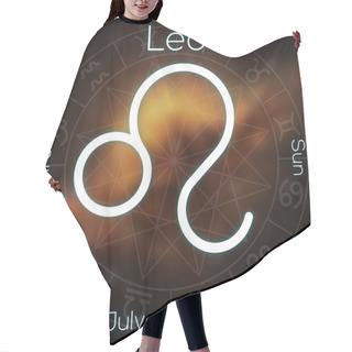 Personality  Zodiac Sign - Leo. White Line Astrological Symbol With Caption, Dates, Planet And Element On Blurry Abstract Background With Astrology Chart. Hair Cutting Cape