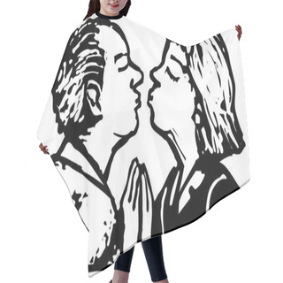Personality  Woodcut Illustration Of Senior Couple Kissing Hair Cutting Cape
