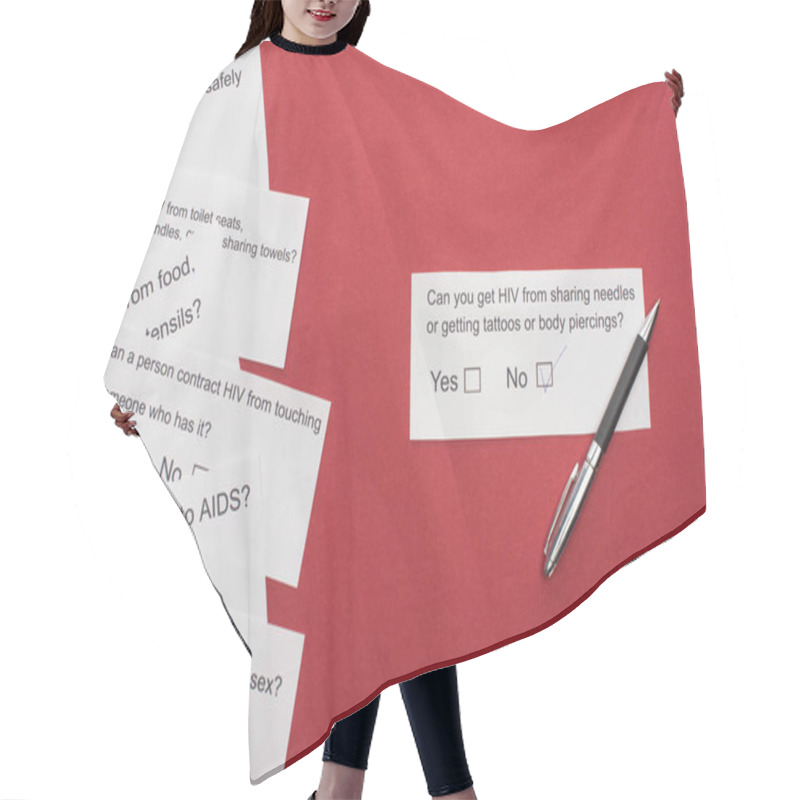 Personality  Top View Of Paper Cards With HIV Questionnaire And Pen On Red Background Hair Cutting Cape
