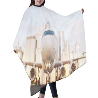 Personality  White Commercial Airplane Standing On The Airport Runway At Skyscrapers Of A City. Hair Cutting Cape