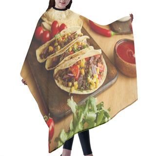 Personality  Traditional Mexican Tacos With Vegetables And Parsley On Wooden Table Hair Cutting Cape