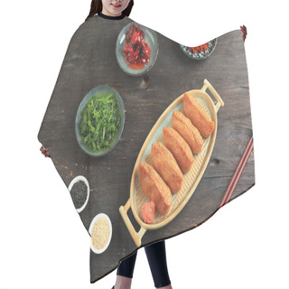 Personality  Top View Inari Pocket Tofu Sushi  On Black Table, Japanese Sushi  Hair Cutting Cape