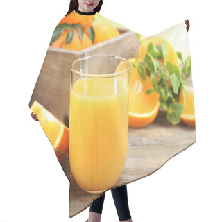 Personality  Glass Of Orange Juice With Crate Of Oranges And Slices On Wooden Table And Bright Background Hair Cutting Cape