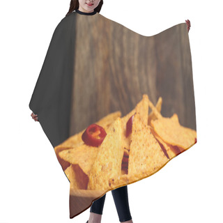 Personality  Close Up View Of Mexican Nachos With Chili Peppers Near Wooden Cutting Boards Isolated On Black Hair Cutting Cape
