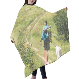 Personality  Rear View Of Traveler Walking With Dog On Path On Summer Meadow Hair Cutting Cape