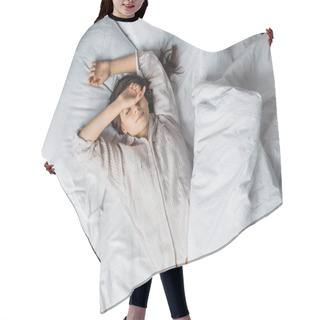 Personality  Top View Of Beautiful Happy Girl Sleeping On Bed In The Morning Hair Cutting Cape