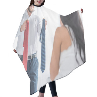 Personality  Cropped View Of Cheerful Man Holding Red And Blue Ties Near Brunette Girl  Hair Cutting Cape