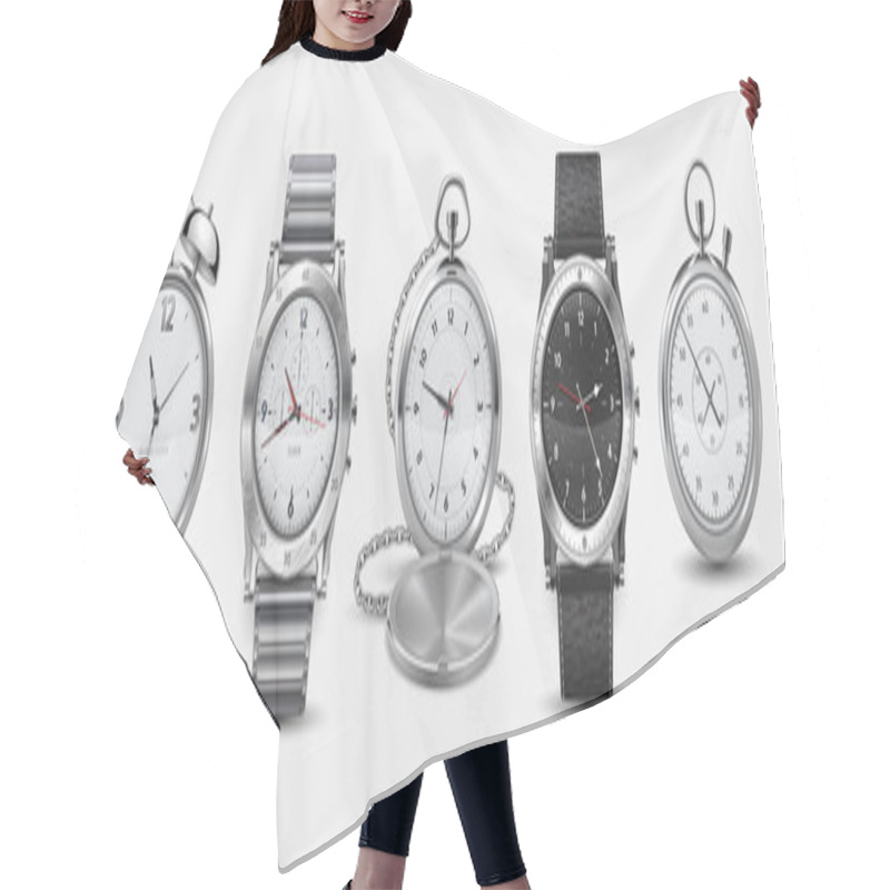 Personality  Realistic Watches. 3D Square And Round Wall Clock, Wrist Watches, Alarm And Chronometer With Metallic And Plastic Bezels And Dials. Vector Set Hair Cutting Cape