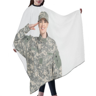 Personality  Woman In Camouflage Clothes Saluting Isolated On Grey  Hair Cutting Cape