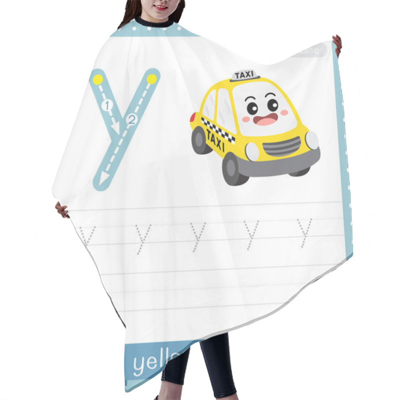 Personality  Letter Y lowercase cute children colorful transportations ABC alphabet tracing practice worksheet of Yellow Taxi for kids learning English vocabulary and handwriting Vector Illustration. hair cutting cape