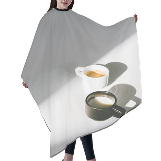 Personality  High Angle View Of Black And White Cups Of Milk And Coffee On White Surface Hair Cutting Cape