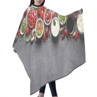 Personality  Flat Lay Composition With Different Sauces And Space For Text On Gray Background Hair Cutting Cape