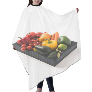 Personality  Juicy Raw Vegetables And Fruits In Dark Wooden Box Isolated On White Background Hair Cutting Cape