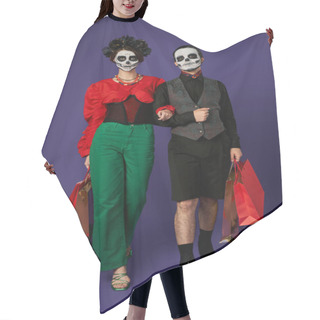 Personality  Couple In Dia De Los Muertos Skull Makeup And Stylish Attire Walking With Shopping Bags On Blue Hair Cutting Cape