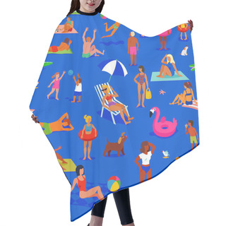 Personality  Seamless Pattern. A Lot Of People On The Night Sandy Beach. People Relax And Have Fun. Summer Vacation On The Sea Shore. Hair Cutting Cape