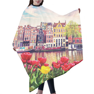 Personality  Amazing  Landscape With Tulips And Houses In Amsterdam, Holland. Amazing Places. Popular Tourist Atraction. Hair Cutting Cape
