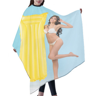 Personality  Brunette Woman Posing With Yellow Inflatable Mattress, Isolated On Blue Hair Cutting Cape