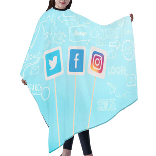 Personality  Cards With Twitter, Facebook And Instagram Logo And Social Media Icons Isolated On Blue Hair Cutting Cape
