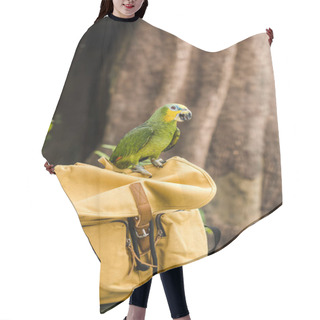 Personality  Beautiful Green Afrotropical Parrot Perching On Vintage Yellow Backpack In Rainforest Hair Cutting Cape