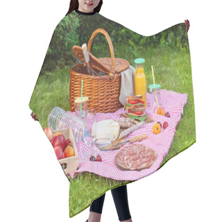 Personality  Picnic Basket With Different Snacks On The Green Grass In The Garden Hair Cutting Cape