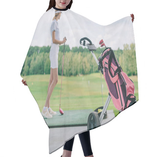 Personality  Side View Of Woman In Polo And Cap With Golf Club Standing At Golf Course Hair Cutting Cape