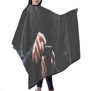 Personality  Panoramic Shot Of Hacker Pointing With Finger At Smartphone Isolated On Black  Hair Cutting Cape