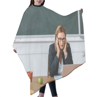 Personality  Female Teacher Sitting At Computer Desk And Having Headache In Class Hair Cutting Cape