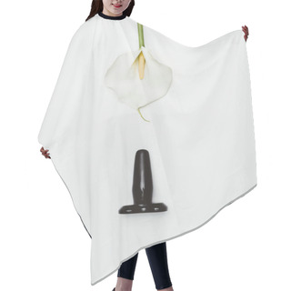 Personality  Black Butt Plug With White Calla Flower Isolated On White Hair Cutting Cape