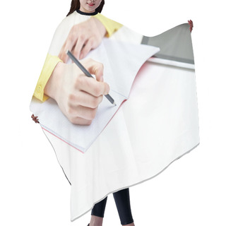Personality  Close Up Of Female Hands Writing To Notebook Hair Cutting Cape