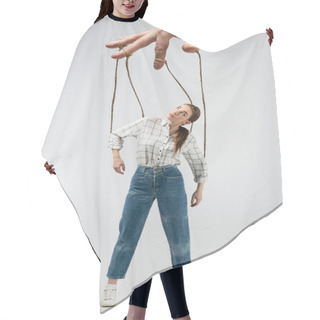 Personality  Cropped View Of Puppeteer Holding Marionette On Strings Isolated On Grey Hair Cutting Cape