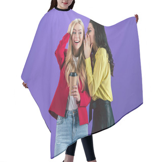 Personality  Stylish Brunette Woman Whispering Secret To Friend On Purple Background Hair Cutting Cape